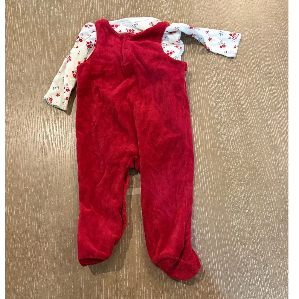 First Impressions Baby Girls Red Velour Floral Footed Romper Lot 6-9 Months